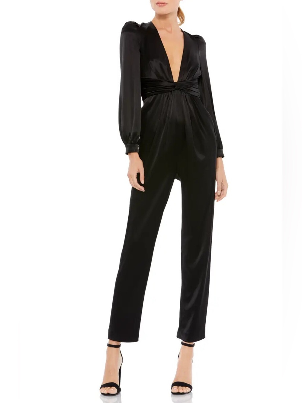 Mac Duggal Black Satin Plunge Long-Sleeve Jumpsuit $358 Retail- Sz 4